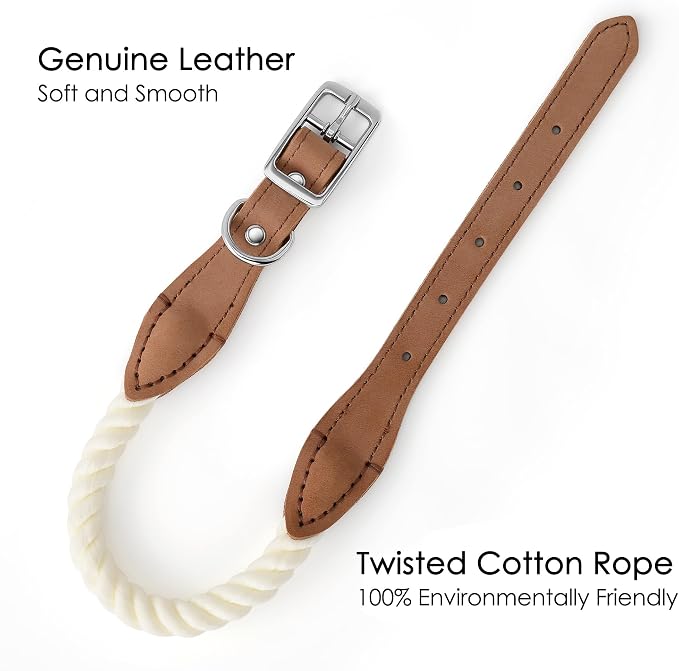 Mile High Life Genuine Leather Dog Collar, Durable Braided Cotton Rope Collar with Metal Pin Buckle for Small Medium Large Dogs (Cream, S Neck 11"-15")