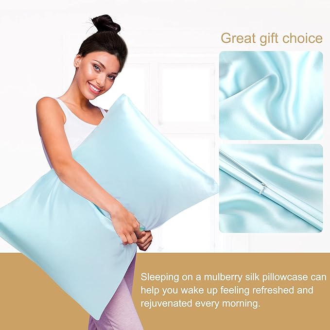 uxcell 1 Pack 100% Charmeuse Pure Silk Pillowcase for Hair and Skin, 350TC 19 Momme Soft Breathable Pillow Case with Hidden Zipper, Light Blue King(20x36inch)