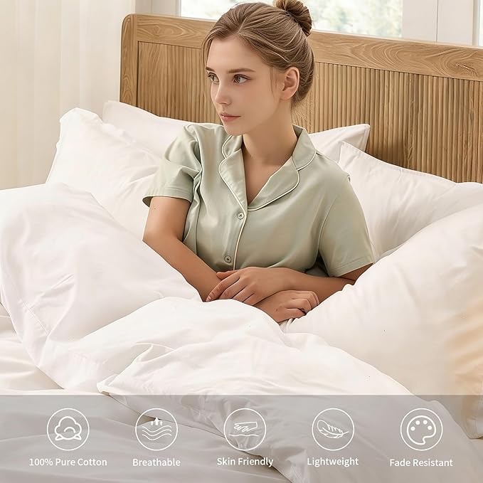 Duvet Cover Set Twin Size, 100% Washed Cotton, Light Weight Breathable Comforter Cover Linen Feel, 2PCs Breathable Bedding Set for All Season, White 68"x90"
