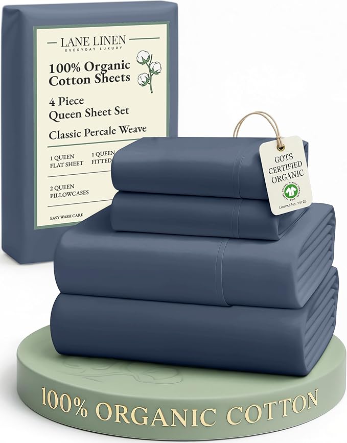 LANE LINEN 100% Organic Cotton Queen Sheets Set, Fully Elasticized Machine Washable Mercerized Cotton Soft & Comfy Low Pill Fade Resistant Sheets Queen Size Set, Classic Percale Weave- Estate Blue