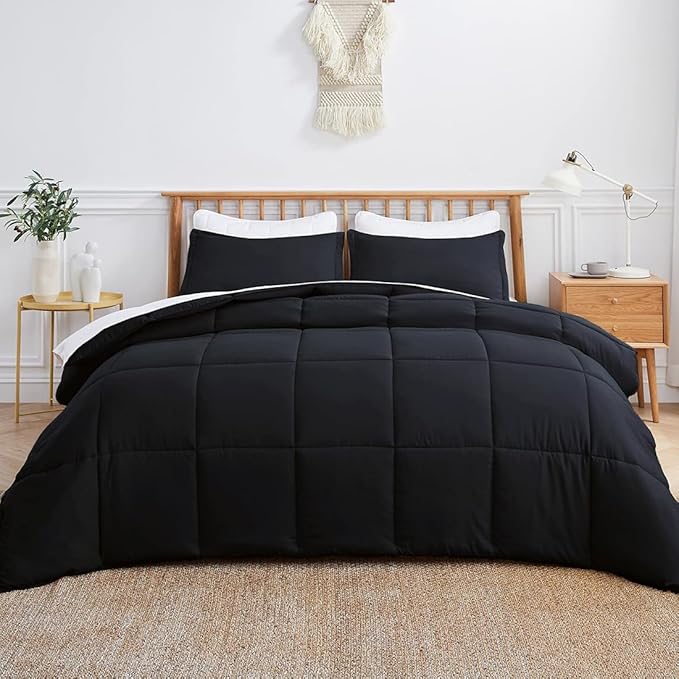 MAPLE DOWN Queen Comforter Size Duvet Insert-Down Alternative Comforter with Corner Tabs-Lightweight Fluffy Breathable Machine Washable (Black,90"x90")