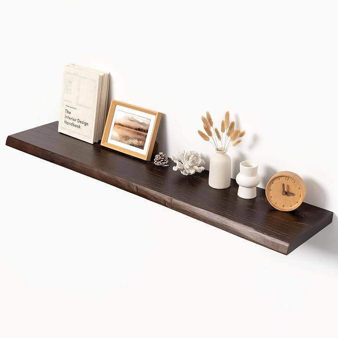 48" Live Edge Floating Shelf, Solid Elm Wood Wall Shelf | 1.4" Extra Thick, 9.3" Deep Heavy Duty, FSC Certified Brown Finish for Bedroom, Kitchen & Bathroom Storage