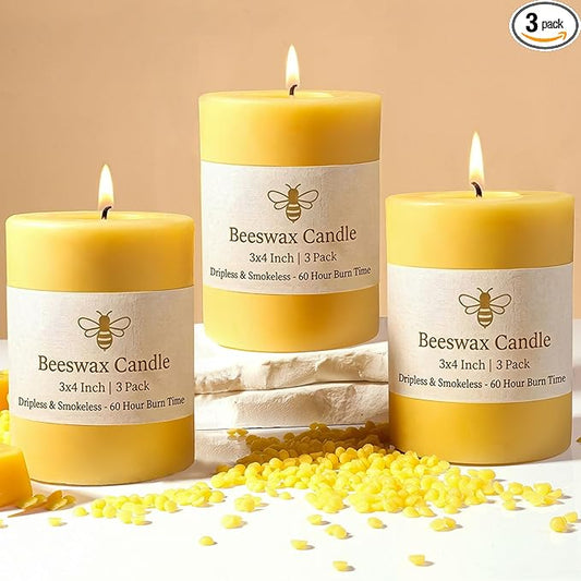 3 Pack Beeswax Candles - 3x4inchs Emergency Candles, Beeswax Pillar Candles 180 Hours Long Burning 100% Pure Natural for Emergency, Dripless & Smokeless Bees Wax Candle for Home & for Relax(3x4in)