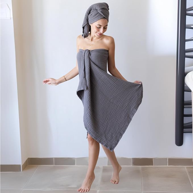 Ultra Soft Muslin Towel Adult Set, 100% Turkish Cotton 4-Layer 2 Pieces Luxury Muslin Hand & Bath Towels Sets for Bathroom (Dark Gray, 1 Bath & 1 Hand Towel Set)