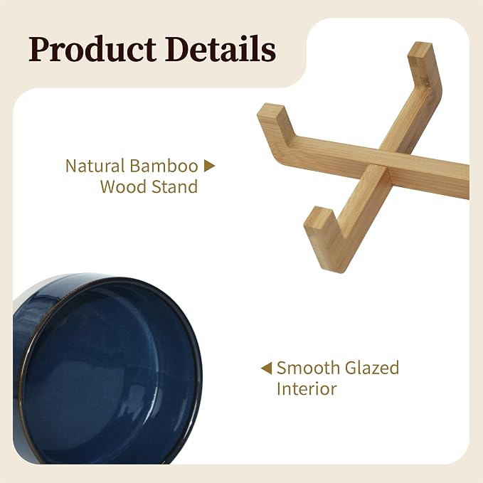 Elevated Ceramic Cat and Dog Double Bowl Set - 14 oz Lead-Free Feeder with Two Natural Bamboo Wood Stands (Blue)