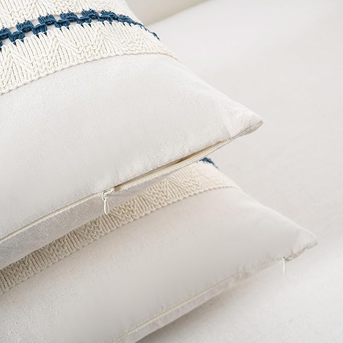 Fancy Homi Set of 2 Boho Teal Euro Decorative Throw Pillow Cover 26x26 Inch for Couch Bed Bedroom, Aesthetic Modern Organic Farmhouse Room Decor, Soft Cotton Accent Macrame Woven Cushion Case