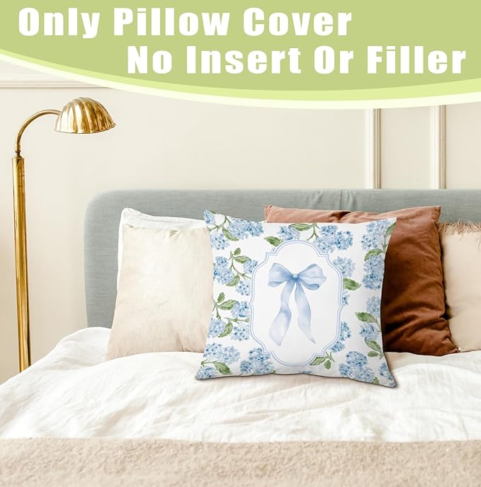 Coquette Blue Bow Hydrangea Floral 18x18 Pillow Cover, Grandmillennial Home Decor, Preppy Girly Blue Hydrangea Flower Decorative Throw Pillow Cover for Home Bedroom Living Room