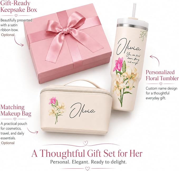 Personalized 40 oz Floral Tumbler with Optional Makeup Bag, Custom Name Insulated Stainless Steel Travel Cup with Straw, Personalized 2-In-1 Gifts for Teacher Appreciation, Women Mom Sister Grandma