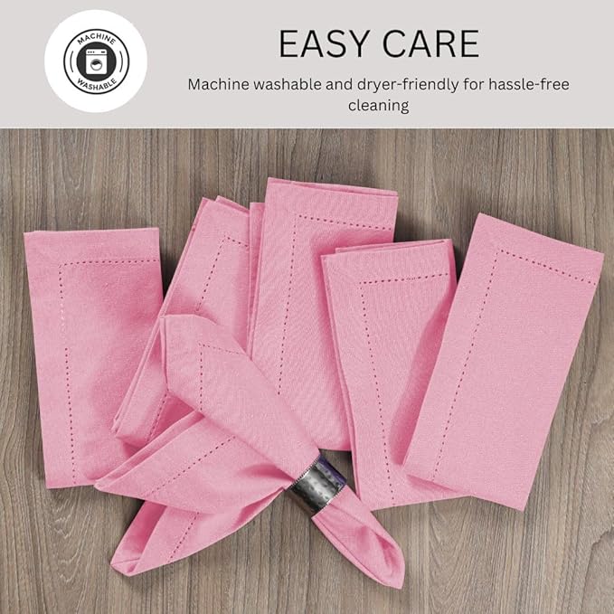 Hemstitch Dinner Napkins 100% Cotton Set of 6 - for Dining Special Occasions Weddings Parties Holidays Easter - Soft Durable Reusable - Elegant 18x18 Inch Table Cloth Napkins Baby Pink
