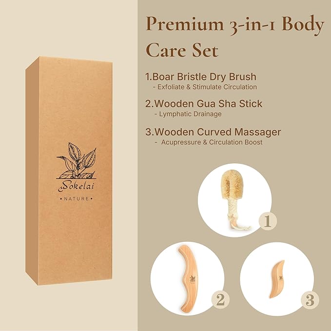 Dry Body Brush Set for Lymphatic Drainage, Natural Sisal Bristle Dry Brushing Body Brush, Wood Therapy Kit with Wooden Acupressure Massage Tools for Face and Body Gua Sha
