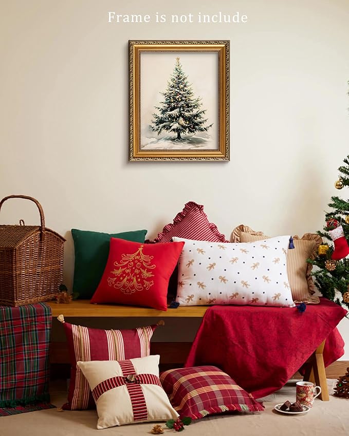 Vodefoad Christmas Tree Wall Art Vintage Rustic Xmas Winter Snowy Pine Tree Canvas Oil Wall Decor Neutral Antique Holiday Christmas Tree Painting for Gallery Bedroom Bathroom - 8x10Inch Unframe