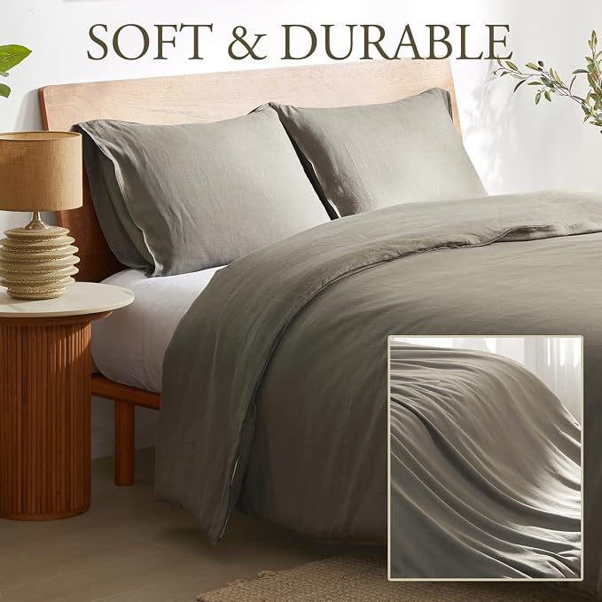 DAPU 100% Linen Duvet Cover Set - Pure Natural French Flax Linen with Corner Ties and Zipper Closure Soft Breathable Durable for Hot Sleepers 1 Duvet Cover 2 Pillowcases (Gray Green, King)