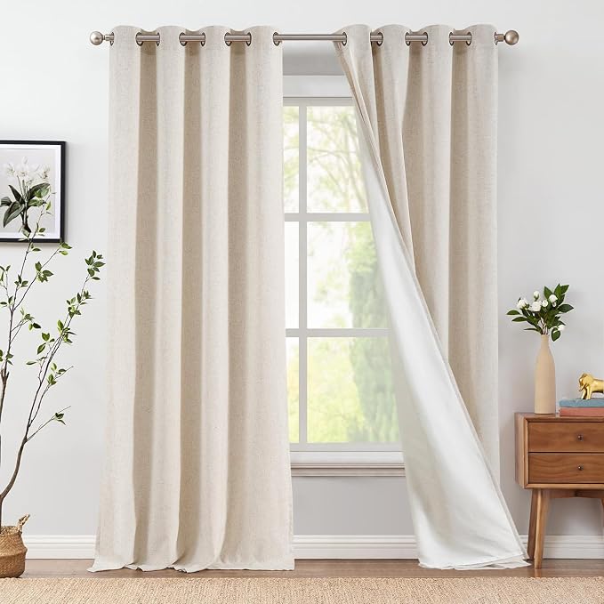 jinchan Lined Curtains 108 Inch Long for Living Room Non-See-Through Privacy Linen Curtains 2 Panels Beige, Room Darkening Window Curtains Farmhouse Light Filtering Drapes for Bedroom, 50 x 108 Inches