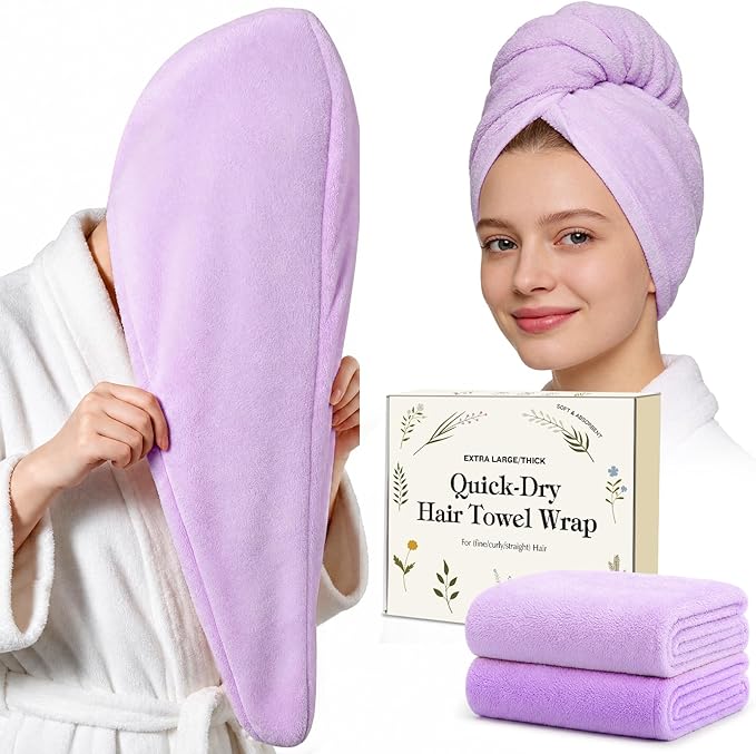 2 Pack Microfiber Hair Towel Wrap for Women, Large Fast Drying Hair Towel Turban, Ultra Thick Anti-Frizz, Double Stitched Edges & Stay in Place No Slip Design for Curly Long Wet Hair(Purple /Lavender)