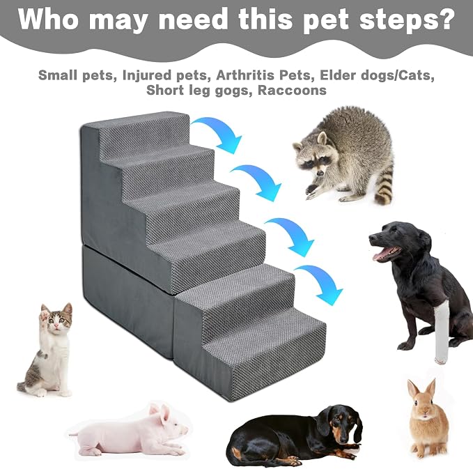 Dog Steps for High Beds 30-32" H, 6-Step Dog Stairs for Small Dogs, 33D Foam Pet Steps for High Bed Climbing, Non-Slip Balanced Pet Stair Ramps for Bed Indoor, Grey