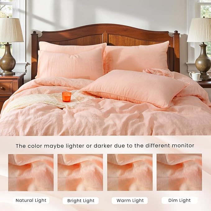 S VICTORY SYMBOL 100% Organic Linen Duvet Cover Set 3 Pieces,Pure Natural French Flax Bedding Set,1 Comforter Cover and 2 Pillowcases,Solid Color Bedding Full Size(Peach Pink)