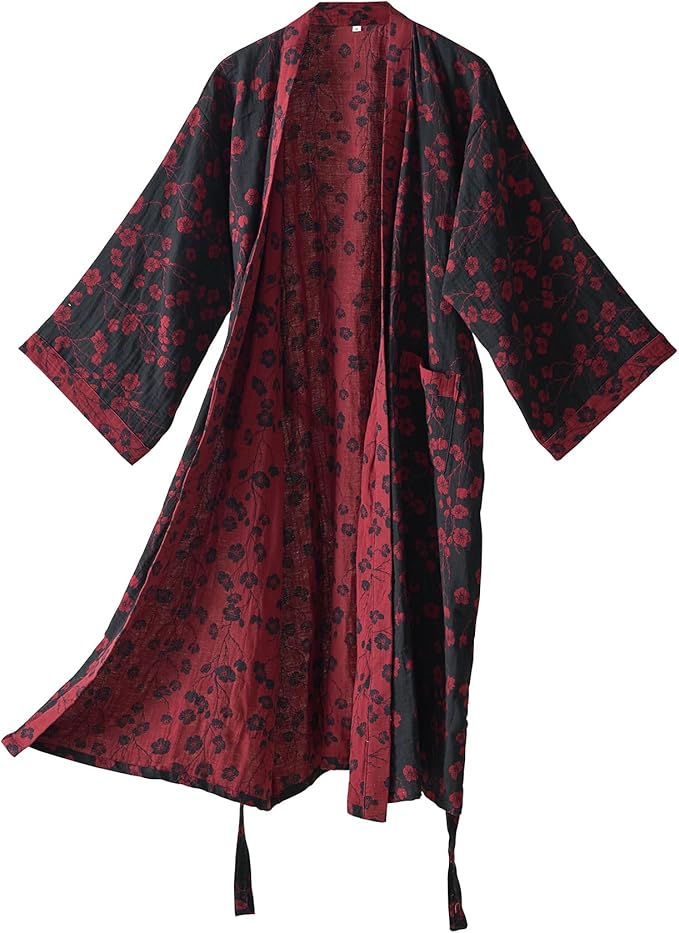 100% Cotton Gauze Ginkgo Leaf Kimono Robe, Long Knit Loose Bathrobe Nightgown Ladies Loungewear Sleepwear for Women