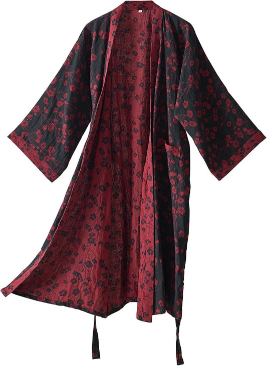 100% Cotton Gauze Ginkgo Leaf Kimono Robe, Long Knit Loose Bathrobe Nightgown Ladies Loungewear Sleepwear for Women