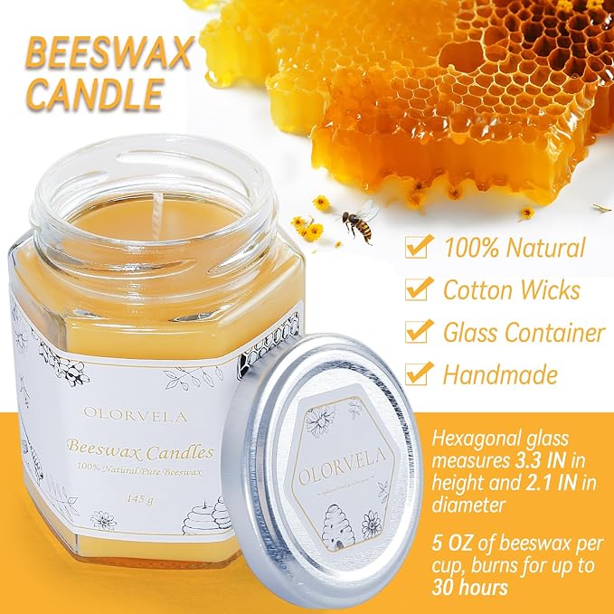 Jar Beeswax Candles-100% Natural Pure Beeswax Candles,5oz Unscented Beeswa Candle,Up to 30 Hours Burn Time, Bees Wax Candles for Decor,Party,Christmas 2 Pack