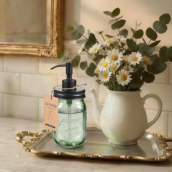 SheeChung Mason Jar Green Glass Soap Dispenser, Stainless Steel Pump, Refillable Dish soap Dispenser for Kitchen, 16Oz Bathroom Hand Soap Dispenser for Lotion, Liquid, Farmhouse Decor-Black, 1 Pack