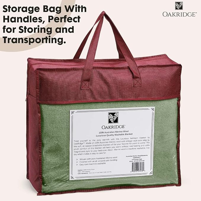 OakRidge Heirloom Merino Wool Blanket – 100% Australian Wool with Vintage Satin Edges – Breathable, Odor-Resistant, All-Season Bedding in King Size – Sage Cozy Throw for Home or Travel