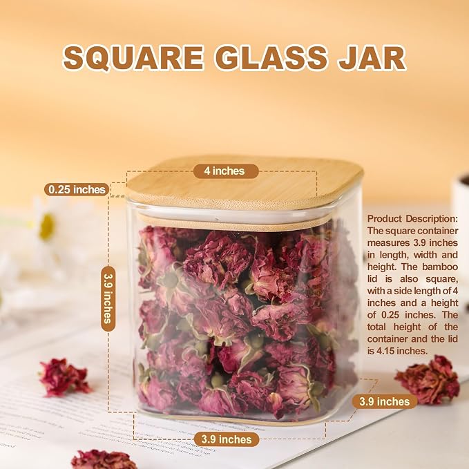 4-Pack Square Glass Containers with Bamboo Lids, 24 fl oz Candy Jars | 24 fl oz/720 ml Airtight Canister Set, Clean & Elegant Storage Jars for Candy, Coffee, Tea, Sugar, Flour, Cookies, Spices