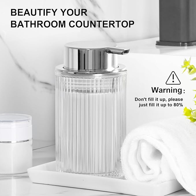 KASUNTING Foaming Soap Dispenser, 11 Fl Oz Clear Glass Foam Hand Soap Dispenser for Bathroom & Kitchen, Refillable Foaming Bottle with Sliver Pump, Modern Ribbed Dish Soap Foam Dispenser
