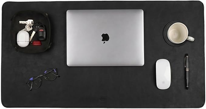 LEATHER VILLAGE Real Leather Desk Pad (3mm) Thick Double Layer Desk Mat Cover Blotter Large Full Grain Protector for Keyboard, Mouse & Laptop – Office Table Mat & Desktop Accessories–(32''x16'')-Black