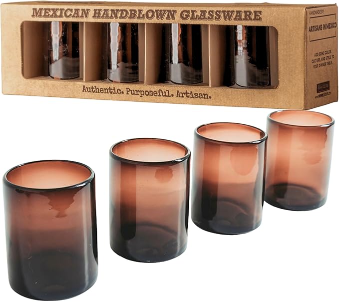 Verve CULTURE Mexican Hand Blown Drinking Glasses, Unique Handmade Glassware, Short Tamarind Glass Cups for Cocktails, Juice, Mixed Drinks, Elegant Tabletop Drinkware, Set of 4, 13oz. Each