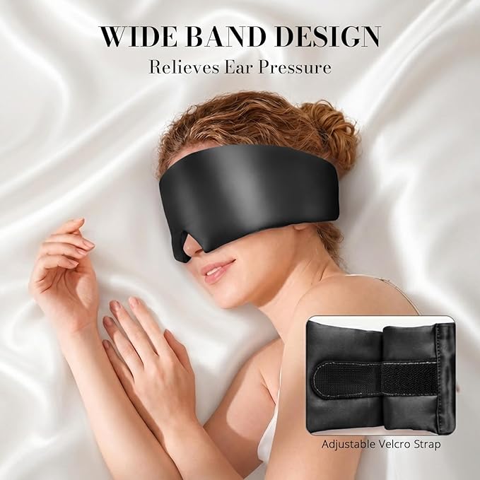 22 Momme Pure Mulberry Silk Sleep Mask, 3D Contoured Cup Eye Mask for Sleeping, Super Soft Breathable Blindfold with Adjustable Strap, Perfect Blocks Light for All Night Sleep, Black