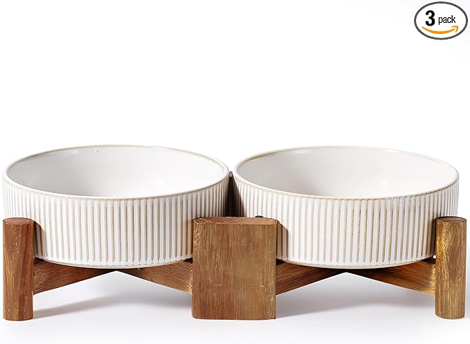 Getstar Elevated Ceramic Dog Cat Bowl Set - 1.8-Cup Raised Feeding Bowls with Non-Slip Wood Stand - Small Pet Dishes for Food and Water - Ideal for Cats and Puppies