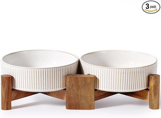 Getstar Elevated Ceramic Dog Cat Bowl Set - 1.8-Cup Raised Feeding Bowls with Non-Slip Wood Stand - Small Pet Dishes for Food and Water - Ideal for Cats and Puppies