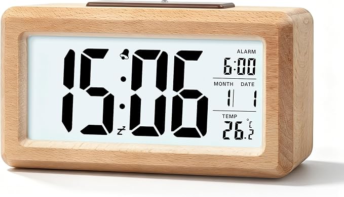 Lafocuse Wooden Digital Alarm Clock Battery Operated, Bedside Alarm Clock with Large LCD Display, Backlight, Temperature, Snooze, 12/24H for Bedroom Desk Table