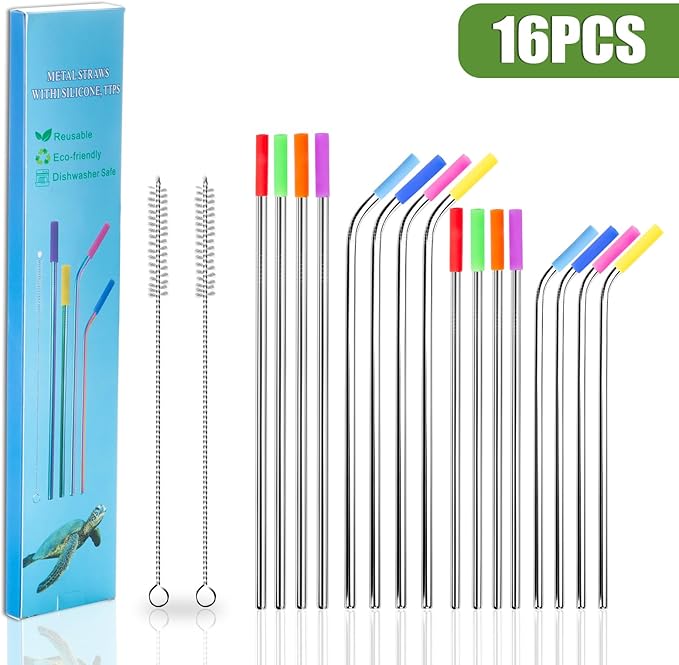 Lazycorner 16 Pcs Metal Straw Reusable 8.5" 10.5" 6mm Stainless Steel Straws for Tumblers 20oz-32oz, Silver Drinking Straws with Silicone Tips, 4 Straw Cleaner Brush, 1 Travel Case