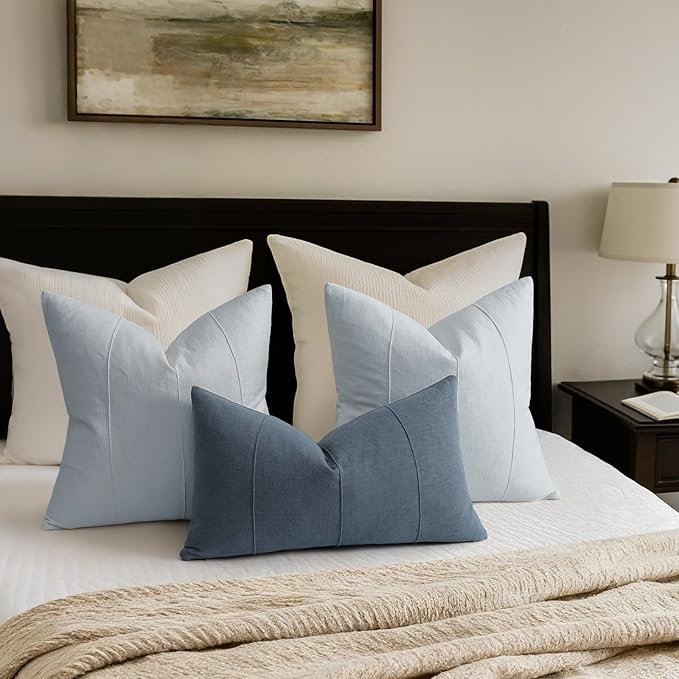 12x20 Pillow Covers Set of 2 Decorative Linen Lumbar Pillow Covers Solid handcrafted Striped Cushion Covers for Bed Soft Modern Farmhouse Neutral Pillowcase for Couch Bedroom Living Room (Sky Blue)