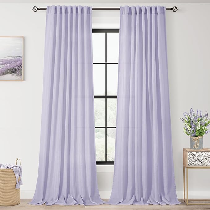 Lavender Semi Sheer Linen Curtains 96 Inches Long 2 Panels Set for Living Room Back Tab Light Filtering Long Drapes Modern Farmhouse Light Violet Purple Bedroom Decor 52X96