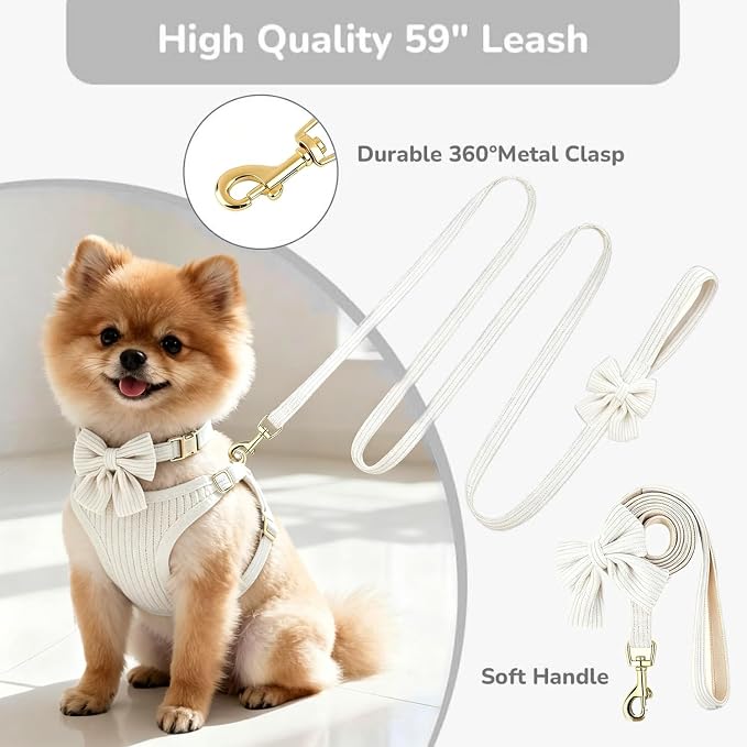 Small Dog Collar Harness and Leash Set with Bowtie, Adjustable Dog Harness Collar and Leash Set with Secure Metal Buckle, Breathable Cotton Adjustable Pet Puppy Harness, Easy Walk Harness, M(16-21")