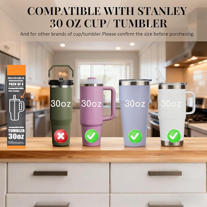 Haundry Clear Replacement Straws for Stanley 30 oz Tumbler, DISHWASHER SAFE, 4 Pack Reusable Plastic Straws Compatible with 30oz Stanley Adventure Quencher Cups, Plus Brush