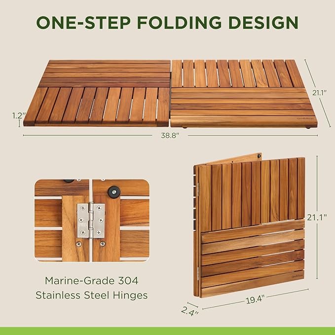Premium 39"x21" Solid Teak Shower Mat, Extra Large Foldable Teak Bath Mat, Fast-Drain Slatted Design, Non-Slip Feet, Quick Dry for Bathroom, Door, Sauna, Indoor & Outdoor, 385 Lbs Capacity