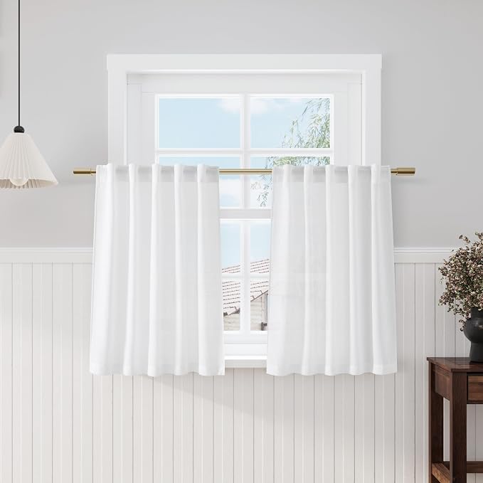 Nanspring White 36 Inch Length Kitchen Curtains Linen Blend Back Tab Privacy Light Filtering Bathroom Window Curtains Modern Sheer Short Curtain for Front Small Door Window Laundry RV Camper 26x36