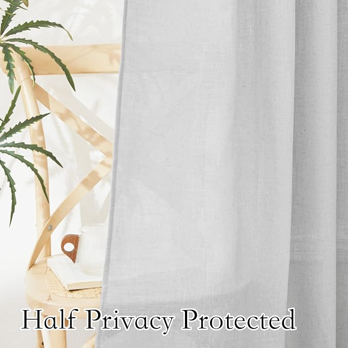 RYB HOME Linen Sheer Curtains for Living Room Textured Semi Sheer Curtains Large Window Covering for Bedroom Patio Door, Dove Grey, 52 inch Width x 95 inch Length, 2 Pcs