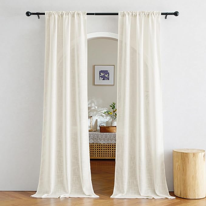 NICETOWN Faux Linen Sheer Curtains 80 inch Length for Doorway, Rod Pocket & Back Tab Semi Sheer with Light Through Window Treatments for Farmhouse/Bedroom, Natural, W34 x L80, Set of 2