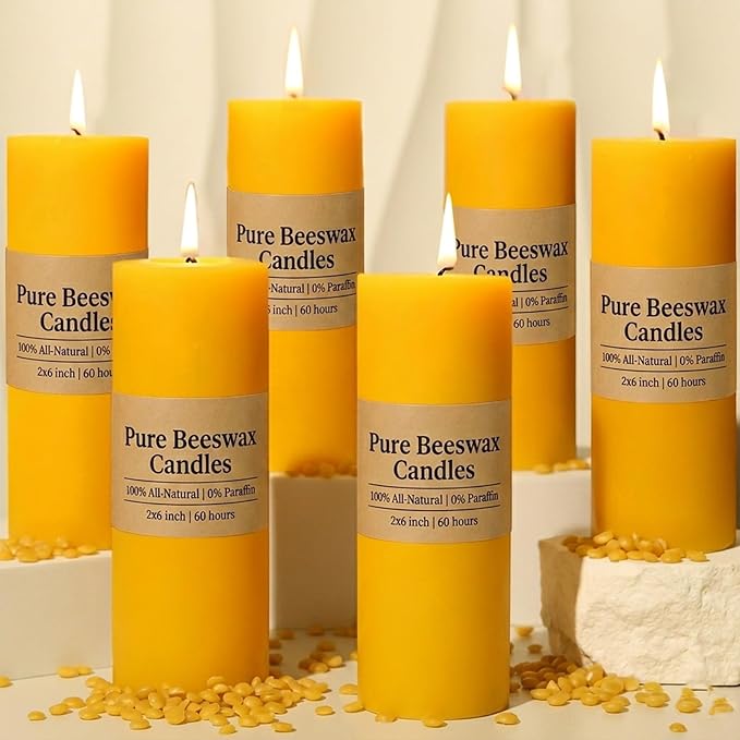6 Pack Natural Beeswax Pillar Candles 2x6in,360 Hours Long Burning Unscented Beeswax Candles,100% Pure Bees Wax Candles for Home,Emergency,Dripless Pillar Candle Bulk