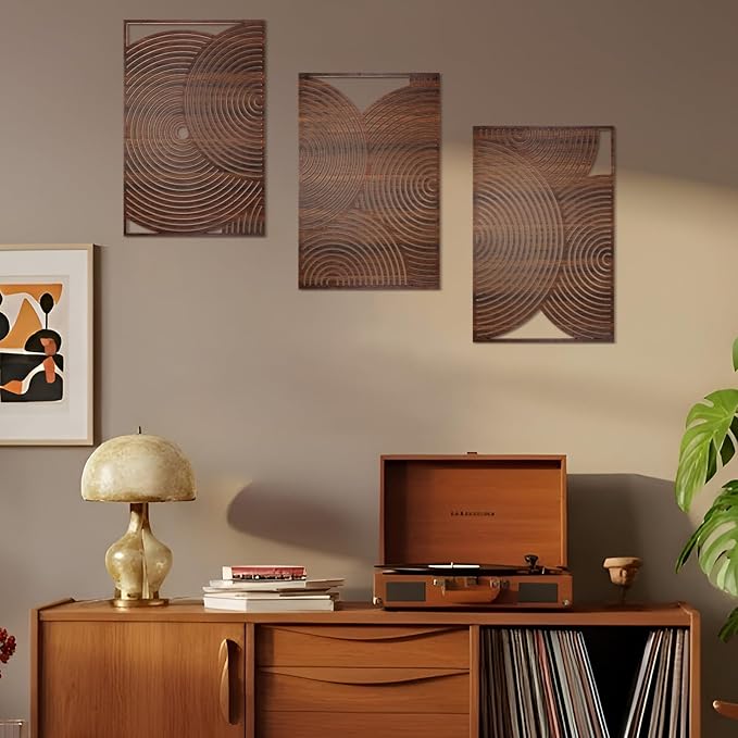 Yerliker 3 Pcs Mid Century Modern Wood Wall Art Decorations 3D Geometric Abstract Wall Sculpture for Living Room Bedroom Office Minimalist Aesthetic(Retro,15.75 x 15.75 x 1.97 Inch)