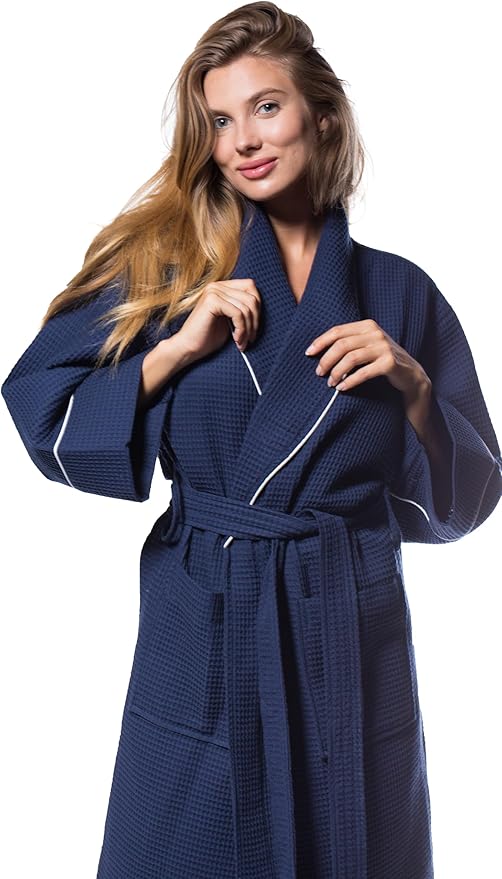 Turquaz Lightweight Waffle Knit Kimono Bathrobe - Soft Cotton Blend Spa Robe, Fast-Drying Full-Length Unisex Robes for Women