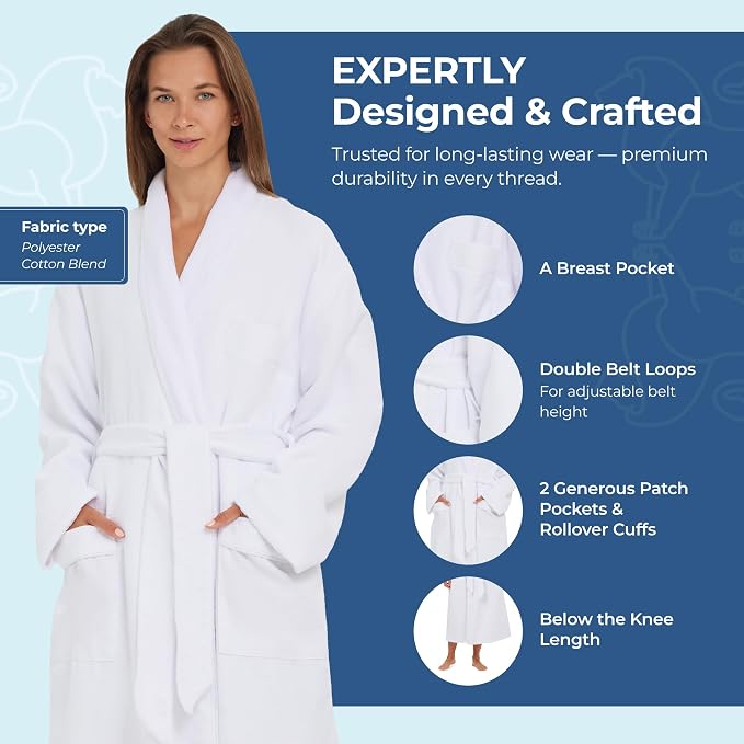 MONARCH Unisex Plush Lined Waffle Spa Robe – Soft and Warm Textured Fabric, Generously Sized Hotel & Spa Robe with Pockets