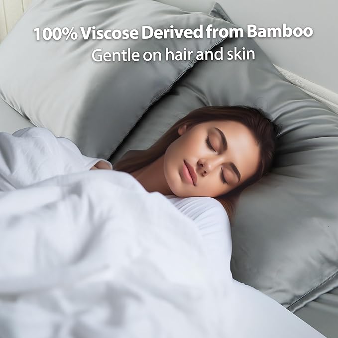 2 Pack Cooling Pillow Cases,Viscose Derived from Bamboo Pillow Protectors Queen Size Set of 2, 400 Thread Count Soft Silky Breathable Summer Pillow Cover with Zipper Hidden (2PCS, Grey, Queen)
