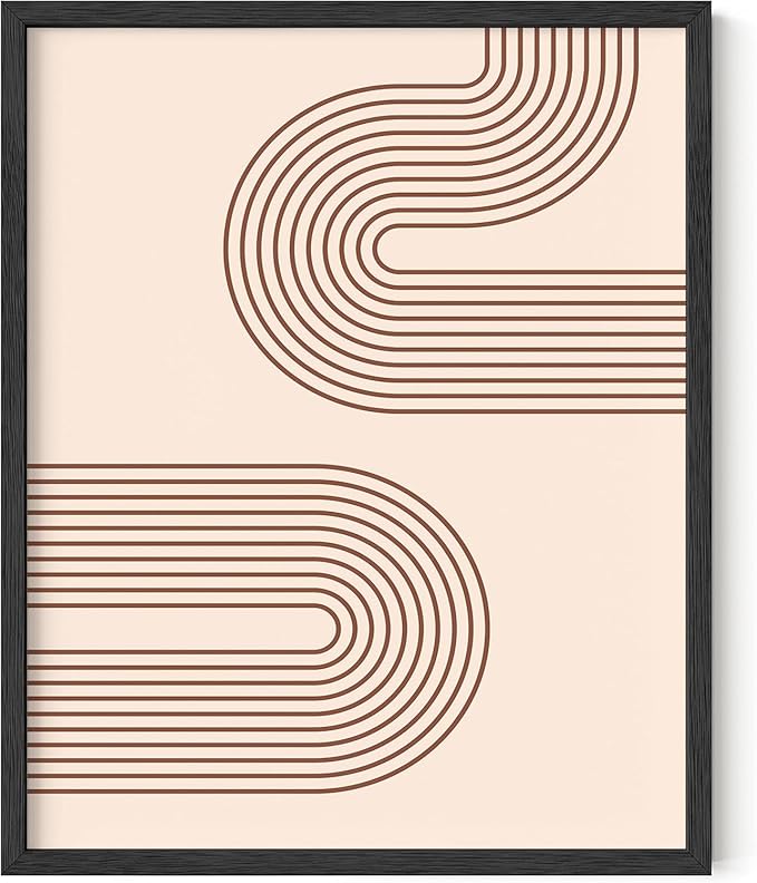 Abstract Double Wavy Arch Wall Art Minimalist S-Shape Lines Earth Tones Terracotta Brown 8x10 Inch Oak Wood Black Framed Boho Geometric Print for Modern Living Room Decor
