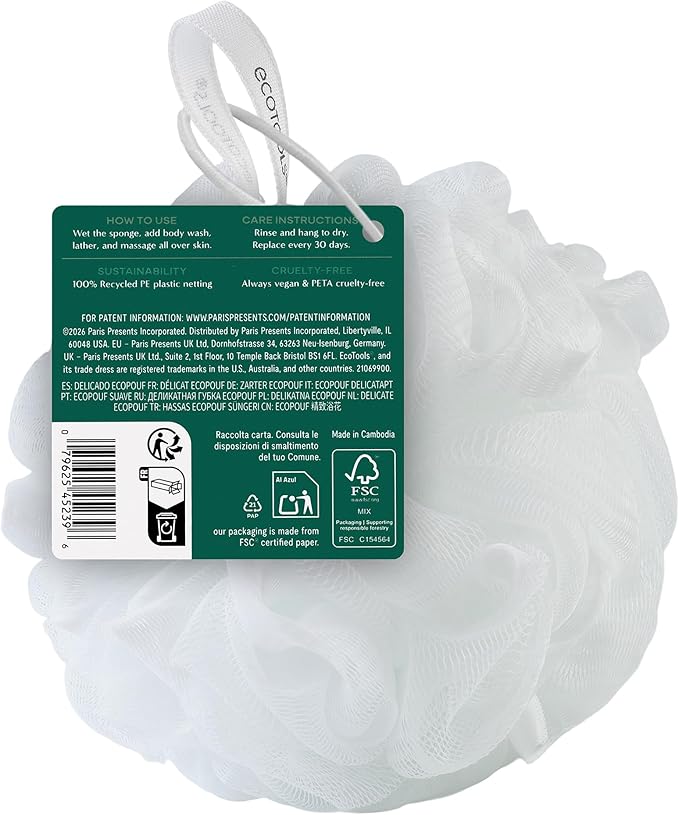 EcoTools Delicate EcoPouf Body Loofah, Gentle Exfoliating Shower Sponge for Sensitive Skin, 100% Recycled Netting Bath Pouf, 1 Count