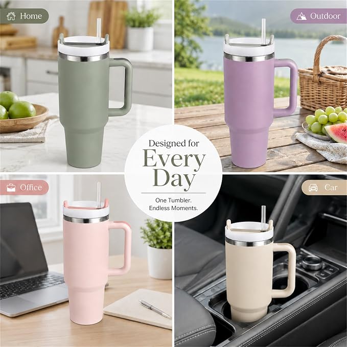 Pandance 40 oz Tumbler with Handle, Tumbler with Lid and Straw(Rose Pink) | Stainless Steel Vacuum Insulated Travel Mug, Sturdy Screw-on lid, Cup Holder Friendly, Large Capacity Cup For Iced Coffee
